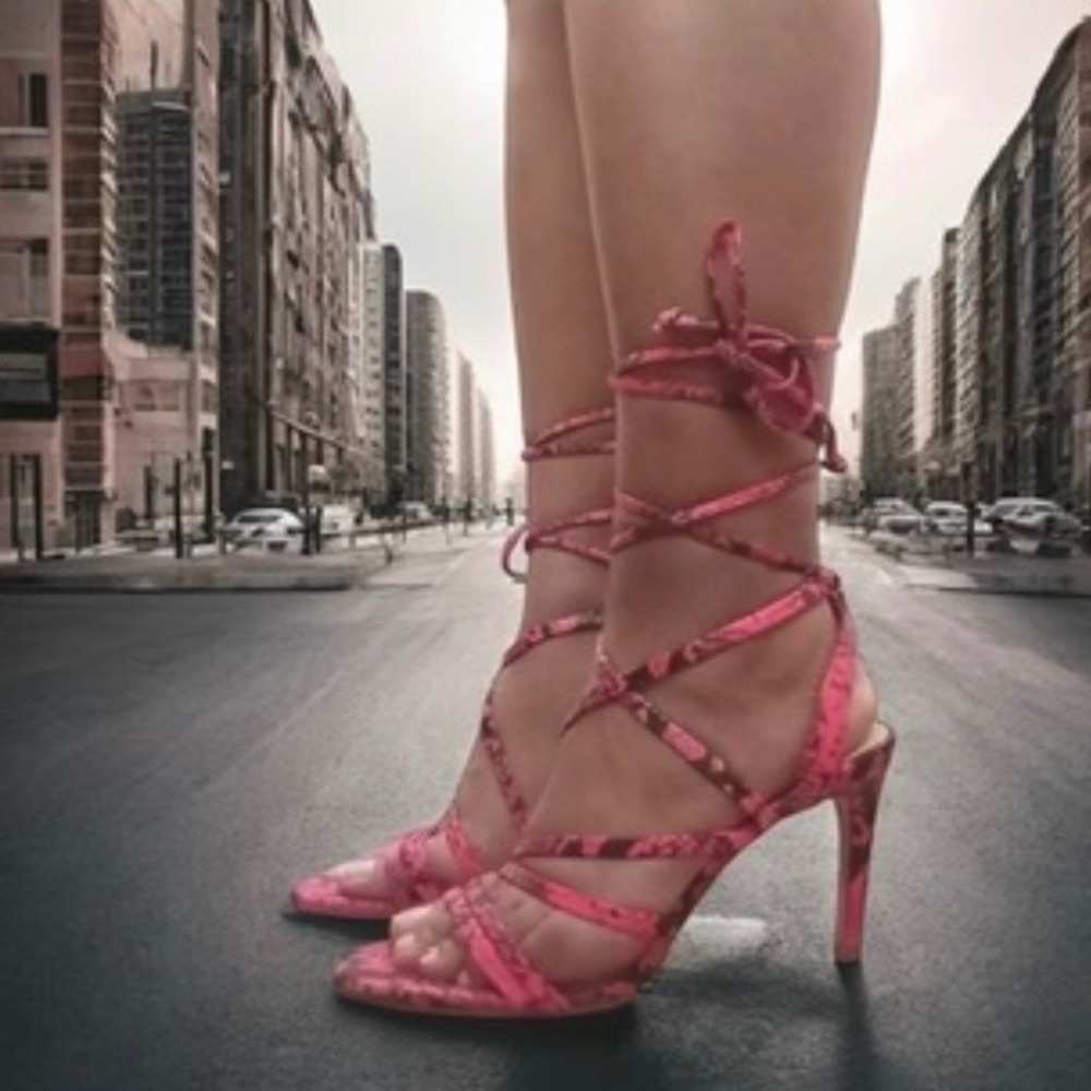 Antonio Melani Vaylyn Pink Snakeskin Lace Up Strappy Heels Sandals‎ Womens Sz 8M
